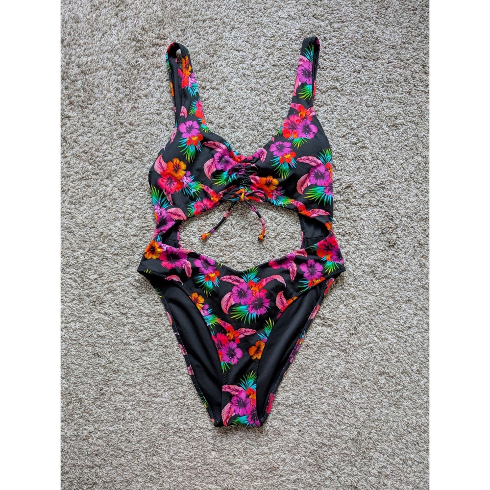 PINK Victoria's Secret One Piece Swimsuit Women XL Black Floral Cutout Monokini